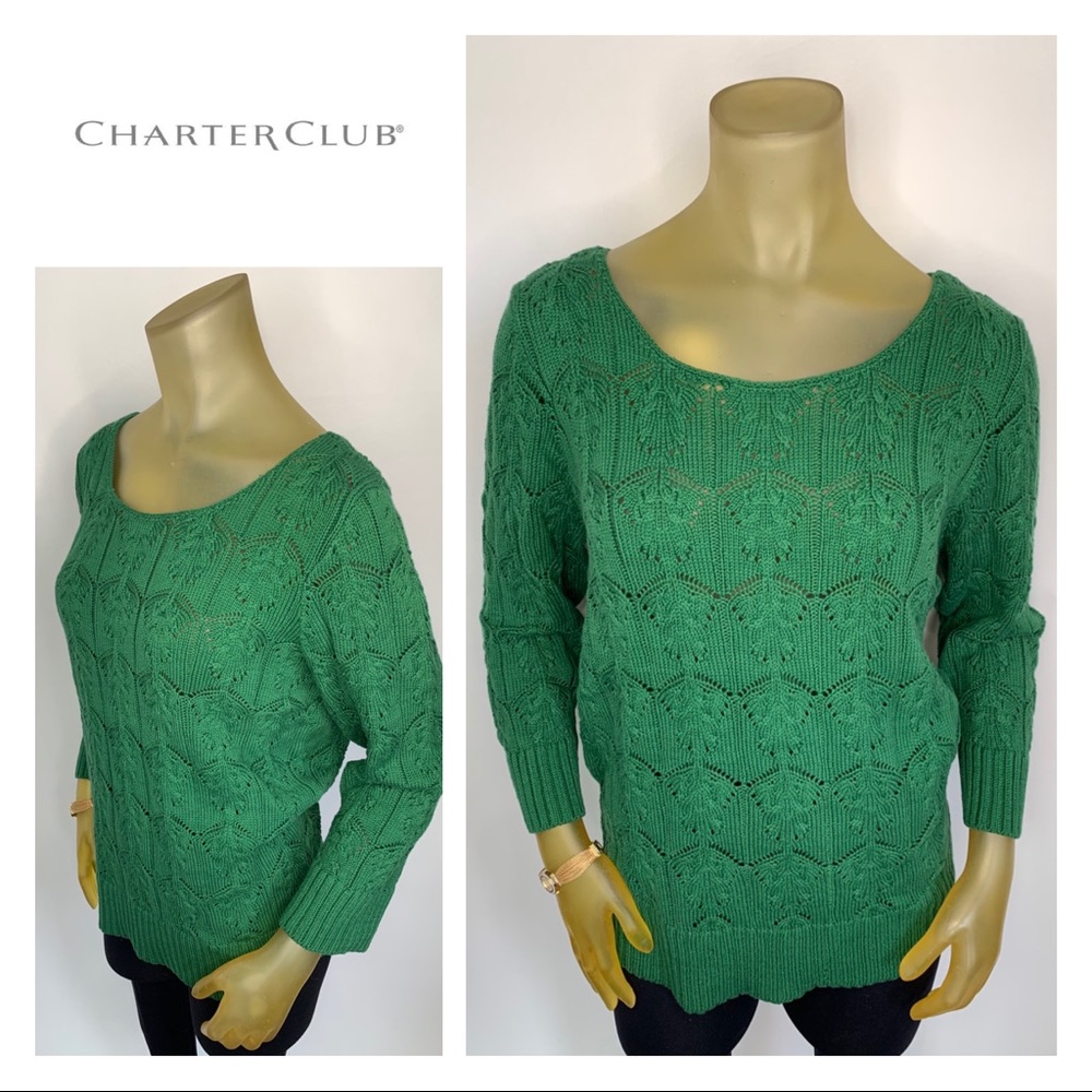 CHARTER CLUB Green Crochet Sweater NWT L Macy's